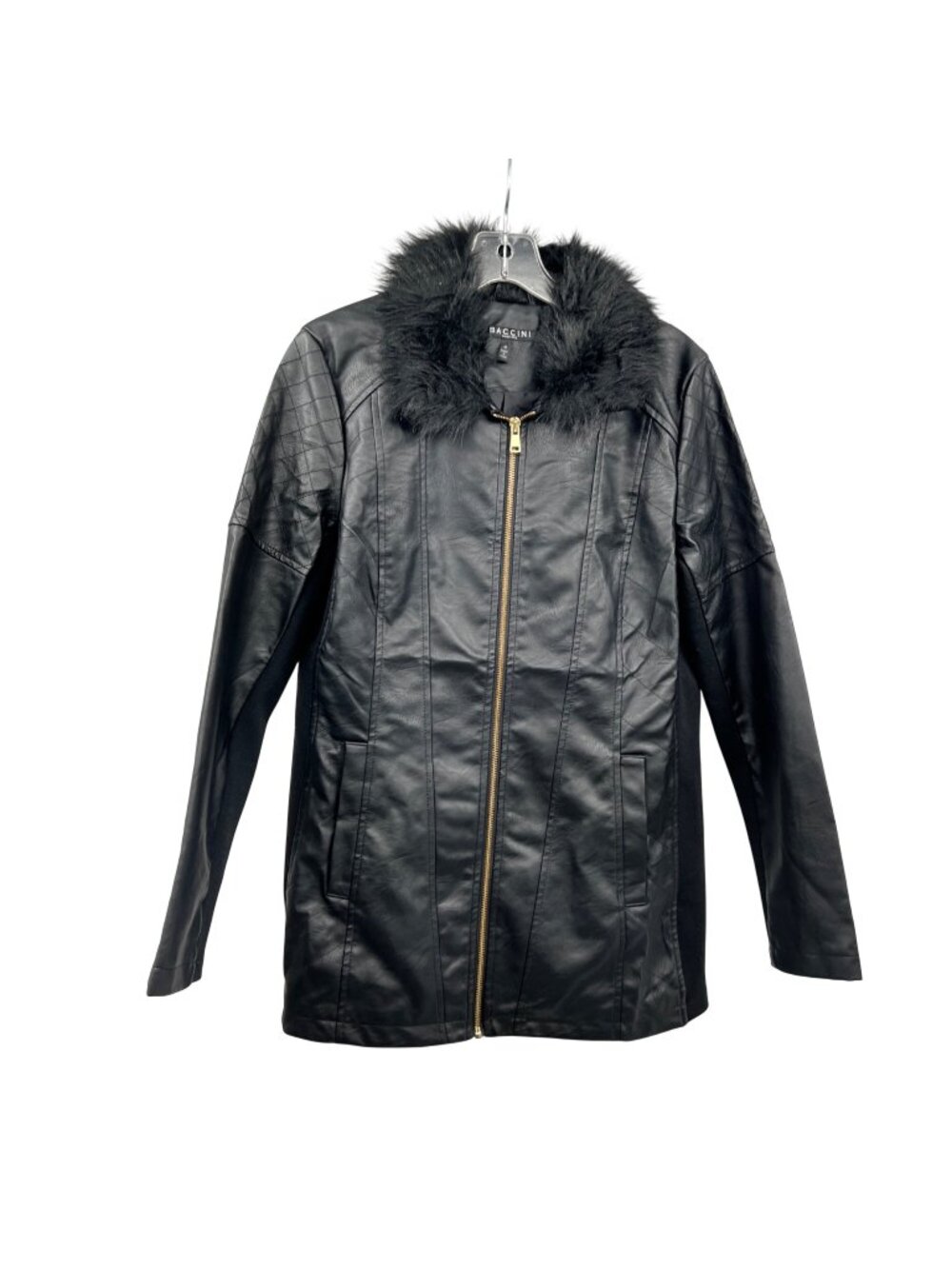 BACCINI Womens Faux Leather Jacket Black Faux Fur Color Full Zip Medium Pockets